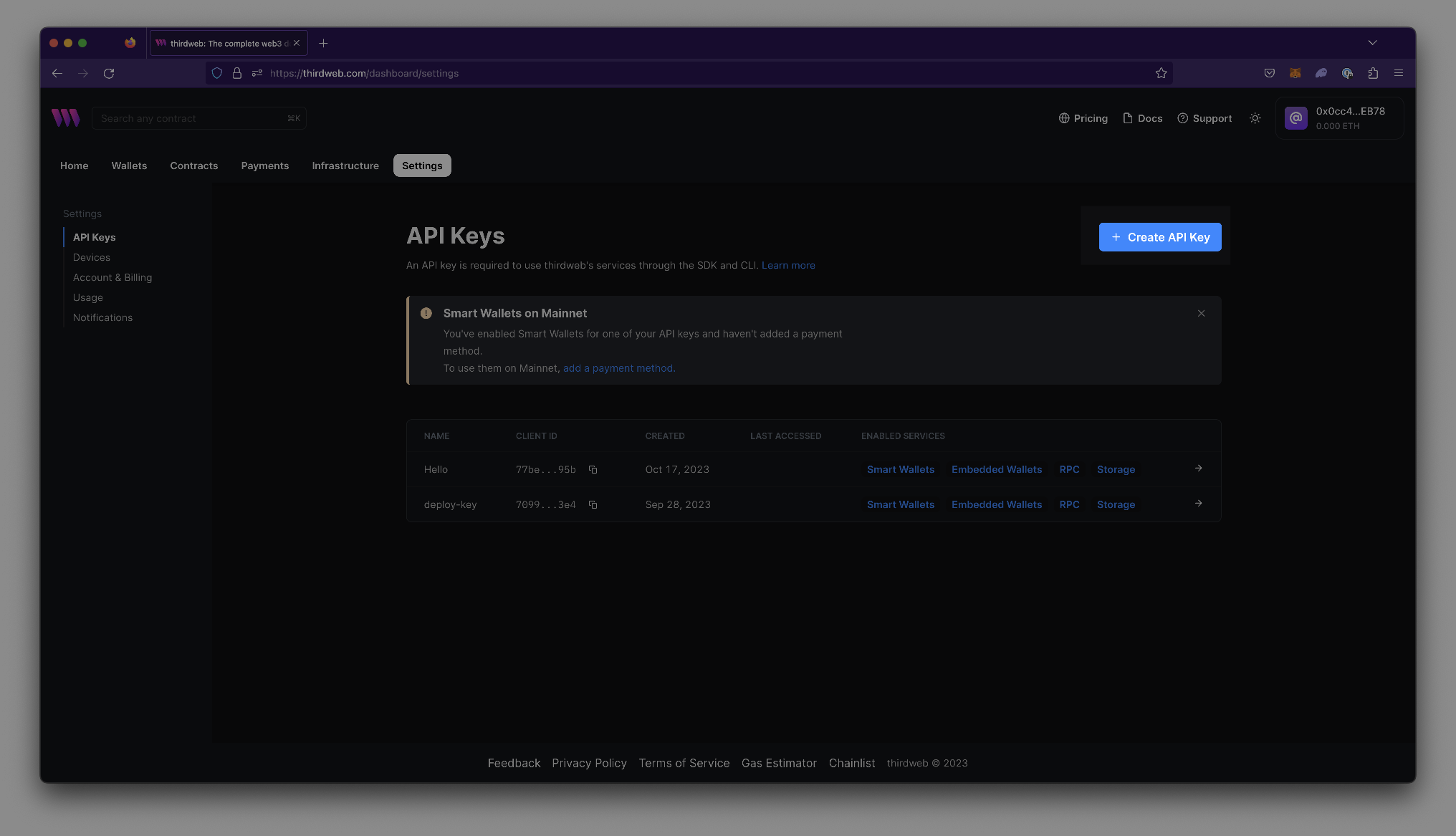 Screenshot of API key creation page on thirdweb's dashboard